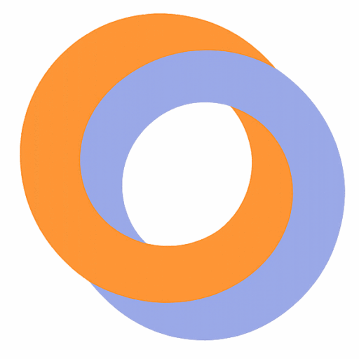 Abstract logo: two interlocking rings in orange and blue on a soft gradient background.