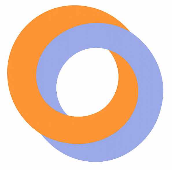 Abstract logo: two interlocking rings in orange and blue on a soft gradient background.